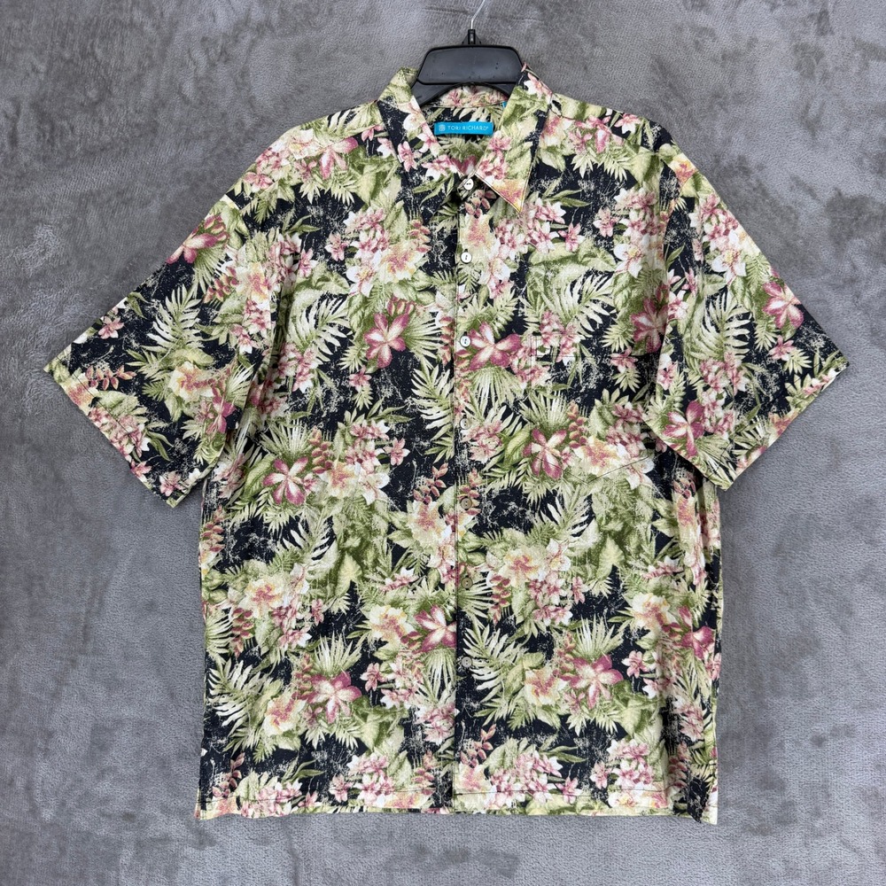 Tori Richard Shirt Mens Large Floral Tropical Palm Black Short Sleeve EUC